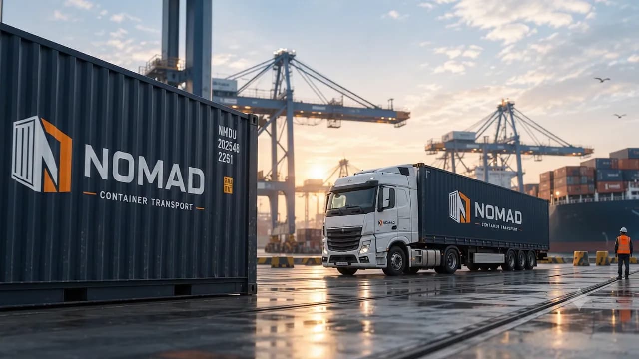 A NOMAD container truck in a port yard beside stacked containers.